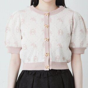 Ank Rouge Pink and White Contrast Monogram Puff Short Sleeved Knit Cardigan